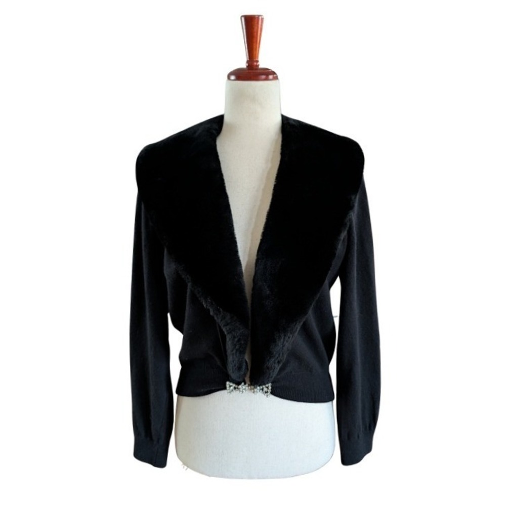 Vintage Vel Vel Black Faux Fur Collar Cropped Cardigan Rhinestone Bow Clasp